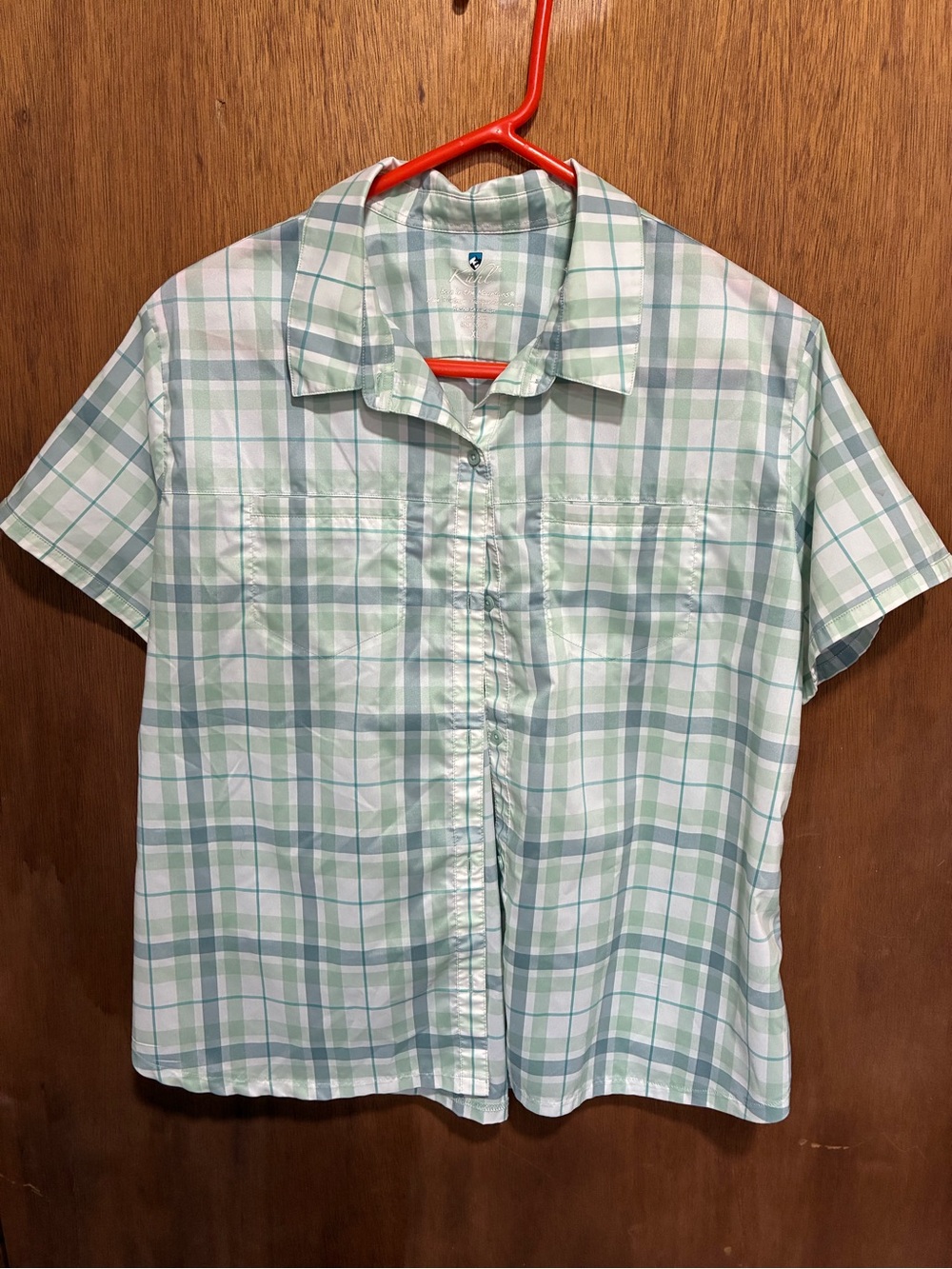 Kuhl Kamp Short Sleeve Plaid Nylon Button Front Shirt Women's XL Gray Green